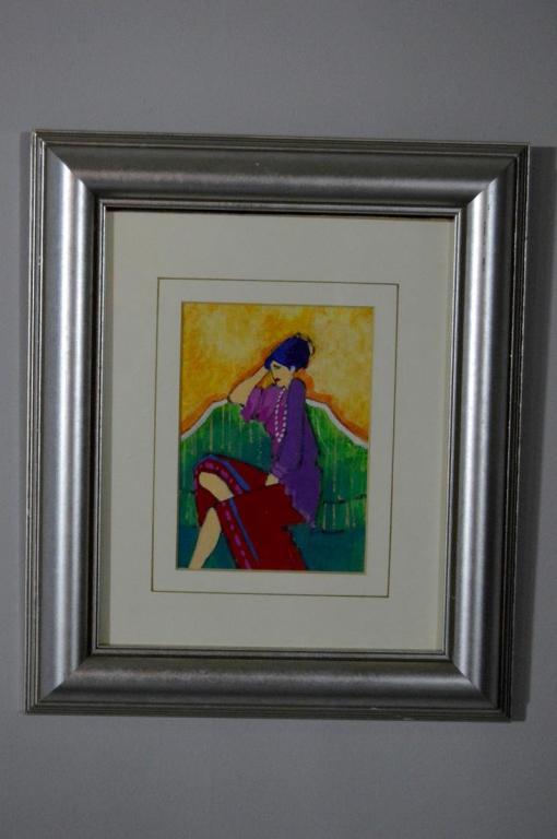 Brandon Cross, Woman on Couch: Of a woman sitting on a green couch, Acrylic on board, matted and glazed in silver wood frame. Image: 6 x 4 in. Frame: 12.5 x 11 in.