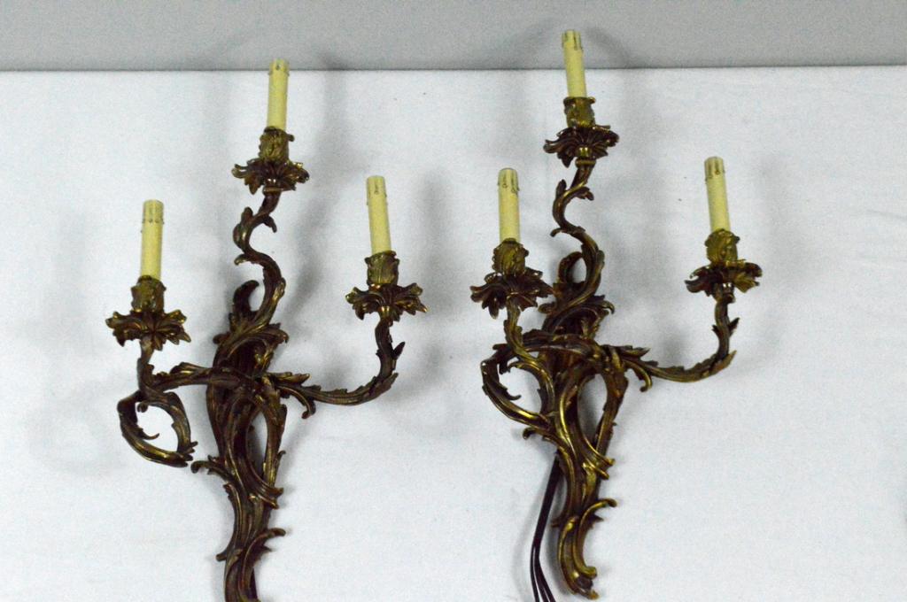 Pair of Louis XV Style Brass Three Light Sconces (1 of 6)