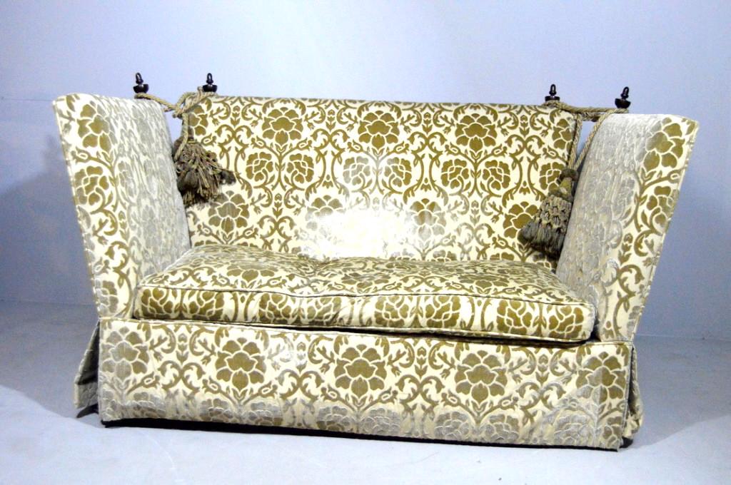 Modern Knoll Style Love Seat: The whole upholstered in gold damask fabric , with wood finials and a single cushion . NOTE: Reflection in photos is present in grain of fabric, not a stain. 41, x 70 x 40 in.