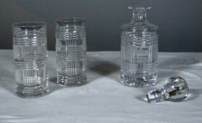 Crystal Decanter and Two High Ball Glasses: The Decanter, 10 in tall. no apparent chips or cracks