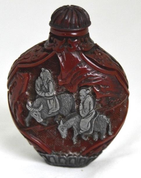 Red Wood Snuff Bottle with Metal Overlay (1 of 3)