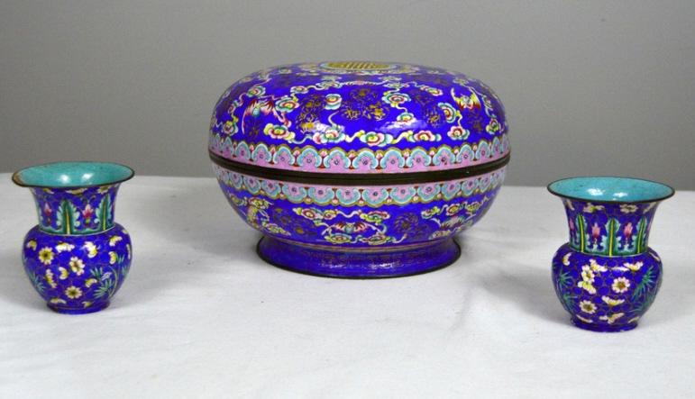 Cloisonne Circular Box and Two Vases (1 of 7)