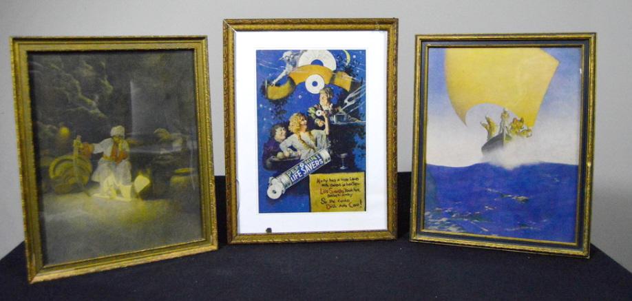 Three Maxfield Parrish Prints: Including: Ali Baba from Arabian Nights, Life Savers Advertisement and Prince Codadad, his Brothers and the Princess of Deryabar from Arabian Nights... each 10.5 x 8.25 in.