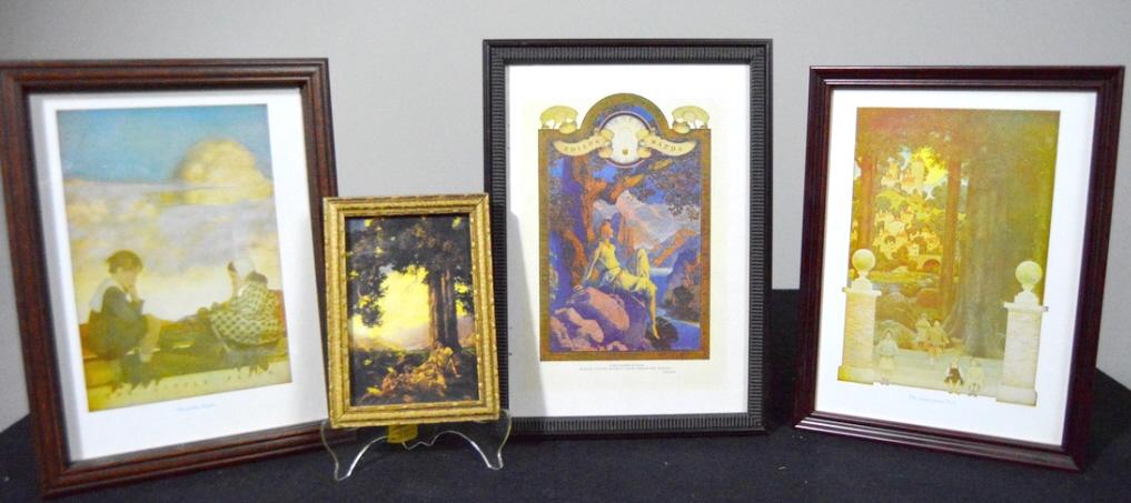 Four Maxfield Parrish (1870-1966) Prints: Including: Two Women at Tree Base, the Sugar-plum Tree, The Little Peach, and Dawn and Night is Fled. Largest is 10 x 7.5 in.