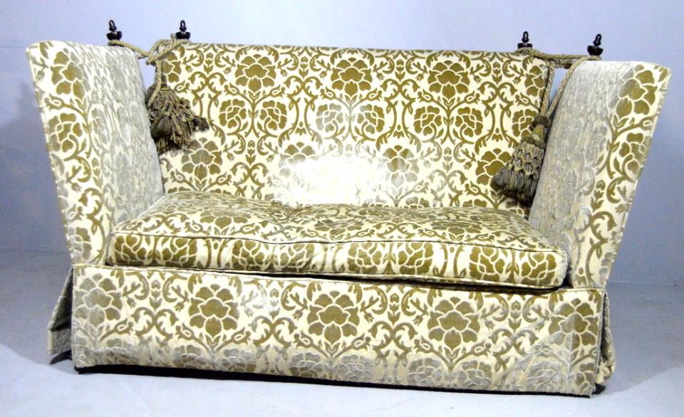 Modern Knoll Style Love Seat: The whole upholstered in gold damask fabric , with wood finials and a single cushion . 41 x 70 x 40 in. Shine on fabric is light reflection.