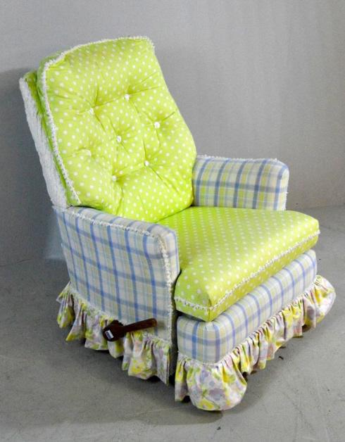 Rocking Nursery Easy Chair: In multicolored fabric, reclining with rocking motion and footrest. 38 x 30 x 30 in.