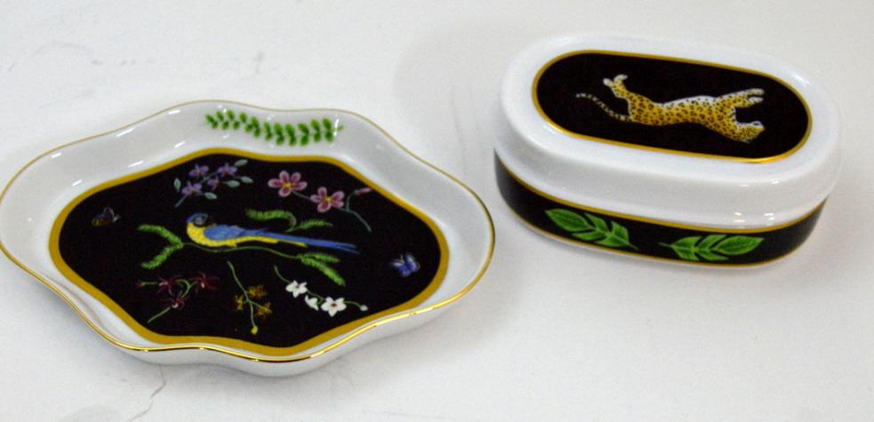 Two Lynn Chase "Jaguar Jungle" Table Items: Including a trinket box and a small dish. Box is 1.5 x 4 in.; dish is 4.5 in. wide NOTE: Excellent condition