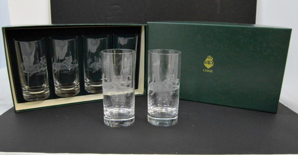 Ten Lynn Chase "Jaguar Jungle" Tall Glasses: Each is 6.5 in. tall NOTE: in original boxes, excellent condition.