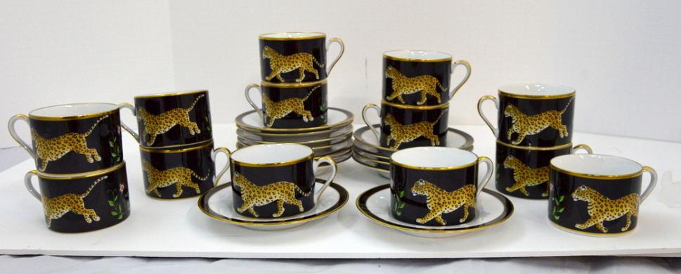 Thirteen Lynn Chase "Jaguar Jungle" Teacups/Saucer: 13 teacups and saucers; teacups are 2.25 in., saucers are 5.5 in. diameter. NOTE: Excellent Condition