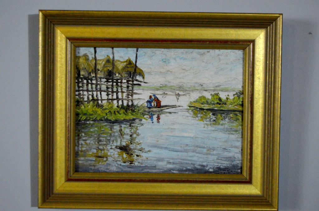 G.A. Rove, Untitled (Boat in a Marsh): Oil on board, of two women in a boat in a marsh. Image: 8 x 9.75 in.; Frame: 11.5 x 14 in. Gilt wood frame