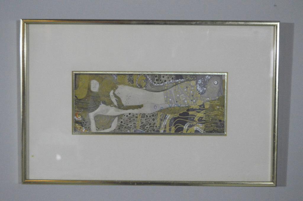 After Klimt, Early 20th C. Print of Reclining Woman: After Klimt, of a woman reclining in an opulent background. Image: 4.25 x 10.5 in.; Frame: 11.5 x 18 in.; Matted and glazed in a gold metal frame.