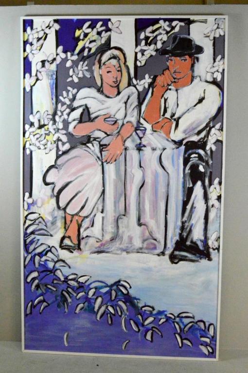 Large 20th Century Style Portrait of a Couple: Of a woman in a white dress and a man with a black hat sitting in a garden sipping glasses of wine. 93 x 55 in. Unsigned. in a white wood frame.