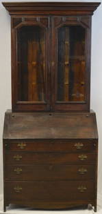 George III Style Walnut Secretary, With Later Top: The Top; With An Ogee Pediment Over Two Glazed Doors Opening To Reveal Three Shelves, The Bottom With A Slant Top Opening To Reveal Twelve Cubbies Around A Central Door, Over Four Graduated Doors