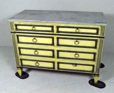 Neoclassical Style Polychrome Chest Of Drawers: With a rectangular marble top over 8 half drawers flanked by fluted posts, the whole raised on two tapering squared legs, and two shaped legs to the rear. From the Beacon Hill collection 35.5 x 47