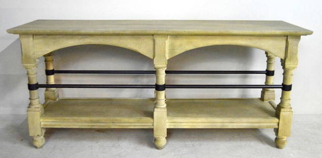 Contemporary Painted Oak Sofa Table: with a rectangular top over 2 moulded arched aprons over an open shelve, the whole raised on 6 ball feet. 30 x 68 x 20 in.