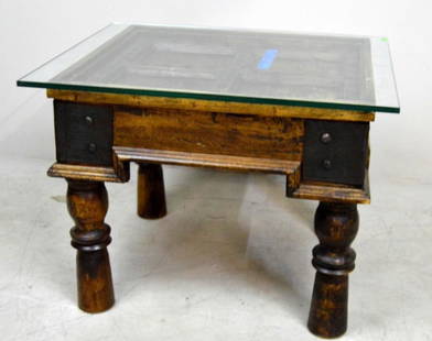 Spanish Colonial Style Side Table: Glass top on a square base with turned legs. 21.5 x 25 x 25 in.