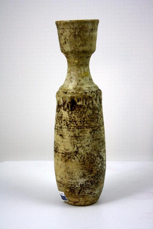 American Pottery Vase: An earthenware vase with white with brown markings. indistinct signature marking on bottom. NOTE: collar and neck repaired, signed indistinctly on base