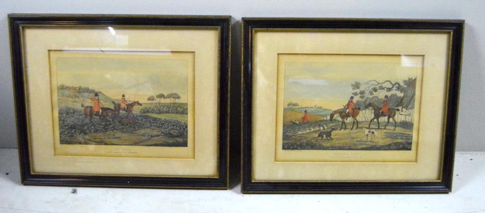 Pair of Henry Thomas Aiken Fox Hunt Prints: Henry Thomas Aiken (British, 1784-1825), Published by Laird, 1841. Included "Finding" and "Going Out". Each Image: 9 x 11.75 in. Frame: 14.25 x 17.5 in.
