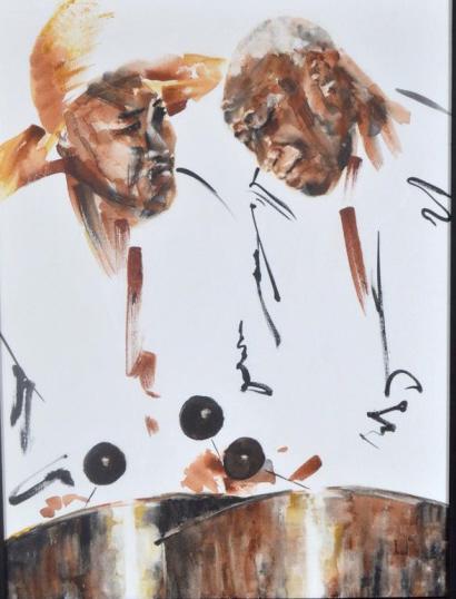 American 20th Century School: Untitled (Two Men Playing Drums) Oil on canvas Signed illegibly and copyrighted lower right Image: 22.75 x 17.5 in.; Frame: 31 x 25 in. Glazed in a brown metallic frame Condition: No apparent flaws Pr