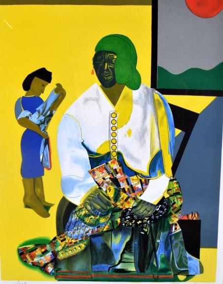 Romare Bearden (American, 1911-1988): Mecklenburg Autumn, 1980 Lithograph Editioned 41/175 lower left, signed in pencil lower right COA present Image; 27 x 21.25 in. Frame 37.5 x 31.25 in. Matted and glazed in black and gold frame Conditi