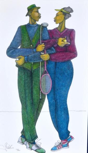 Charles Bibbs (American, 20th Century): Untitled (Man and Woman with Tennis Racket and Golf Club), 12/40 Giclee print Singed and editioned (12/40) lower left Image: 22.5 x 13.5 in.;Frame:36 x 26 in. Matted and glazed in back carved wood fra