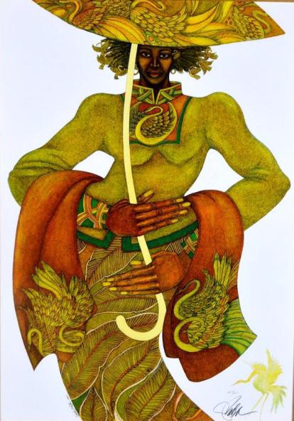 Charles Bibbs (American, 20th Century): The Yellow Umbrella, Giclee on paper Signed lower right, Edition 107/500 lower right Image: 39 x 27 in. ; Frame 55 x 42 in Matted and glazed in giltwood frame Condition: No apparent flaws Note: Certif