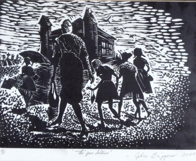 John Biggers (American, 1924-2001): Four Sisters, 2000 Lino-cut Numbered, titled, signed and dated A/P "The Four Sisters" "John Biggers 2000" lower margin Image; 9 x 12 in. Frame 17 x 19 in. Condition: No apparent flaws Property of Anth