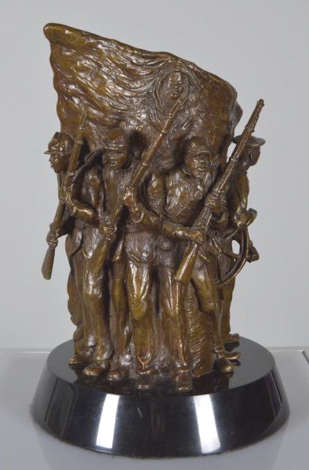Ed Hamilton (American, B. 1947): Spirit of Freedom, 2001, 10/100 Scale cast of Spirit of Freedom Memorial, Washington, DC, 1998 Bronze on black marble base Signed, dated and editioned (10/100) in gold ink on base 16.5 x 10 x 10 in. C