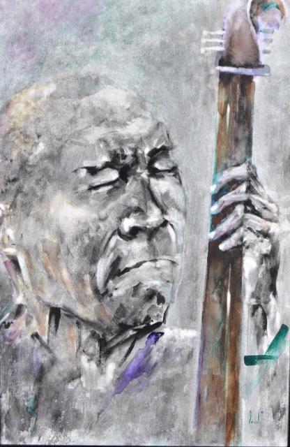 Leon (American, 20th Century): Bass player Oil on canvas Signed Leon on lower right Image : 29 x 19.25 in. ; Frame 41x 30.25 Framing : Matted and glazed in silvered wood frame Condition : No apparent flaws Property of Anthony Frenc