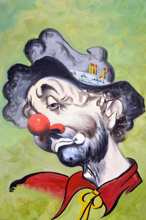 J.M. Llorente (American, 20th Century): Untitled (Clown) Oil on canvas Signed lower left Image: 23.5 x 16.25 in.; Frame: 29.5 x 22.5 in. Partially gilded wood frame Condition: Indentation to canvas upper right quadrant Property of Anthony F