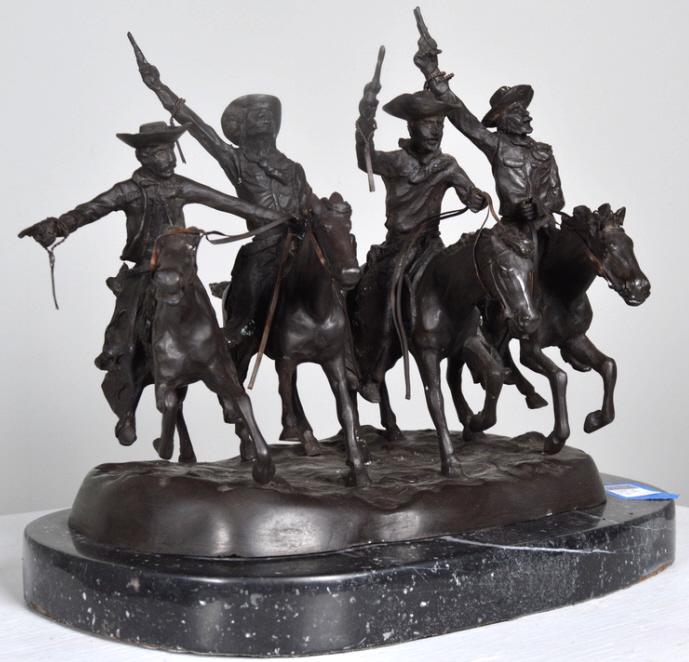 After Frederic Remington (American, 1861-1909): Coming through the Rye Bronze on marble base Signed in cast 13.25 15 x 10 in. Condition: No apparent flaws Property of Anthony French. Sr.