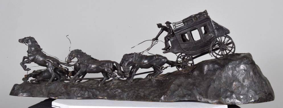 After Charles Marion Russell (American,1864-1926): Stagecoach Bronze signed in cast 14.5 x 41 x 14 in. Condition: One lead horse has broken leg and has lost attachment from work Property of Anthony French. Sr.