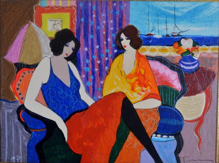 Itzchak (Isaac) Tarkay (Israeli, 1935-2012): Seaside Conversation , A/P Serigraph on Paper Signed lower right with A/P lower left Sight: 12" x 15" ; Frame: 33" x 35" Matted and glazed in gold acanthus frame Condition: No apparent flaws; COA atta