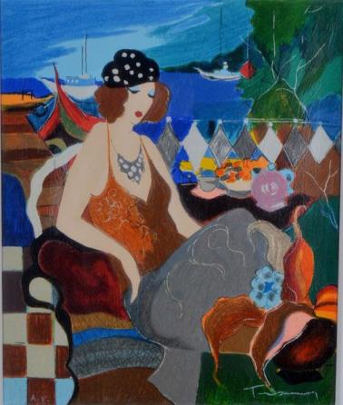 Itzchak (Isaac) Tarkay (Israeli, 1935-2012): Normandy Cafe, A/P Serigraph on canvas Signed and edition "A/P" Sight:18.25 x 15.25; Frame: 39 x 36 in. Matted and glazed in gilt frame Condition: No apparent flaws Property of Anthony French. Sr.