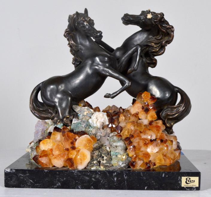 Manuel Vidal Ebano Bronze Quartz Crystal Sculpture: Horses Bronze with crystals Label affixed to base 12 x 11.5 x 9 in. Condition: One horse with two ears missing. Property of Anthony French. Sr.