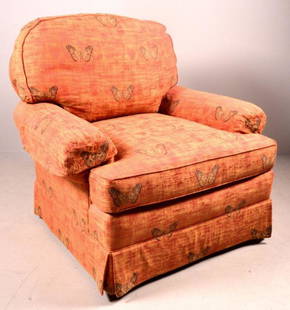Modern Upholstered Club Chair: The whole upholstered in red fabric with butterflies 38 x 38 x 38 in. NOTE: No apparent flaws, condition appropriate for age and use.