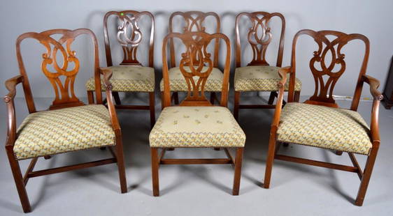 Set of Six (6) George III Style Dining Chairs: Including two arm chairs, each with a shaped crestrail over a pierced ogee splat over a needlepoint seat, the armchairs with shaped stumps and carved arms, the whole raised on four square legs