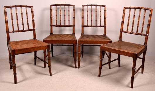 Four Kindel Faux Bamboo Side Chairs: Each with rounded square backs and splats of faux bamboo over a caned seat, raised on four faux bamboo legs supported by stretchers. One chair has partial "Kindel" label. 36 x 18 x 18 in. NOTE: