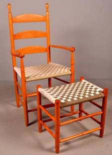 Shaker Style Chair and Ottoman: With three splat back flanked by turned side rails over a canvas seat, the whole raised on four round legs supported by stretchers. 42 x 23 x 18 in. NOTE: Wear consistent with age and use
