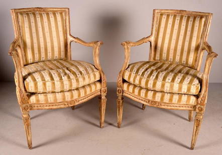 Two Louis XVI Style Armchairs: Shaped and moulded crestrail over an upholstered back the whole resting on carved rectangular legs. 35 in. x 26 in x 25 in. Condition is consistent with age and use. There is a certificate