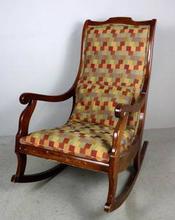Rocking Chair with Patchwork Fabric With Pillow: Traditional American-style rocking chair with patchwork upholstery. 37in. x 22 in. x 27 in.