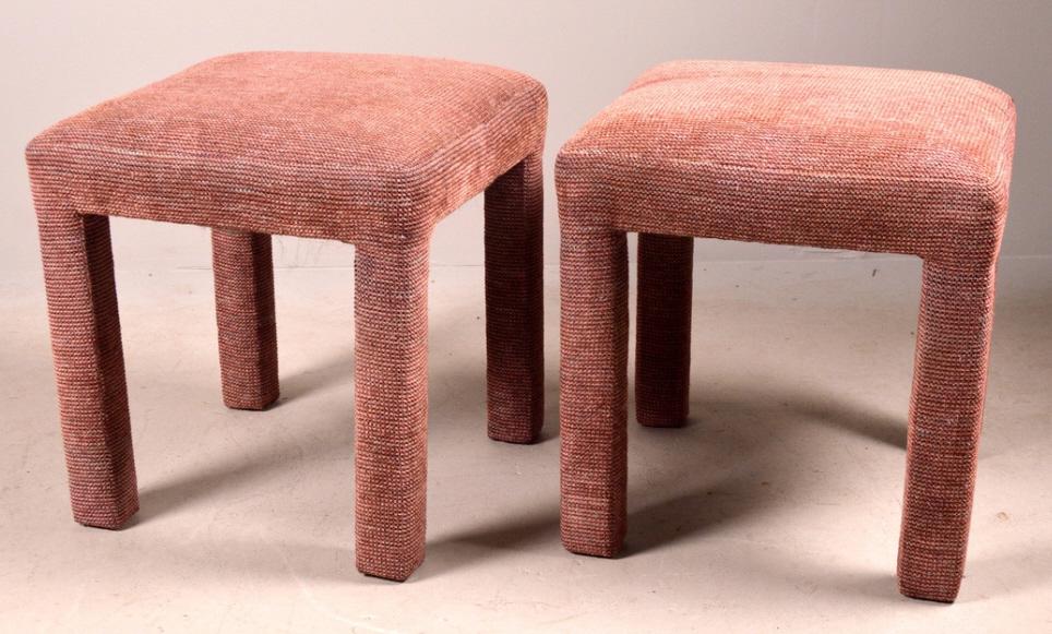 Pair of Upholstered Stools: Each fully upholstered with a square seat and four square legs. 19 x 18 x 18 in. NOTE: One leg loose