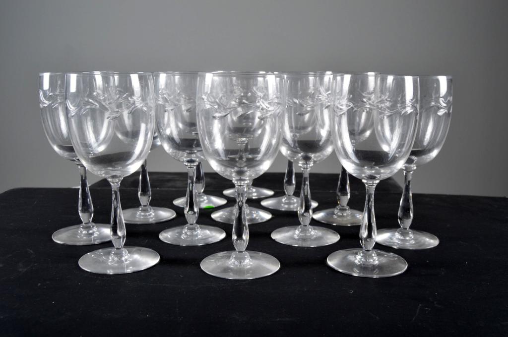 Thirteen (13) Etched Wine Glasses: Each 7 In. Tall