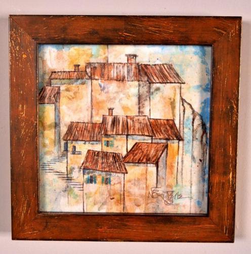 Nancy Brittelle ( American 1949 -): Le Petit Village Watercolor and Collage Image 7 x 7 in. Frame 9.5 x 9.5 Glazed in a distressed giltwood frame