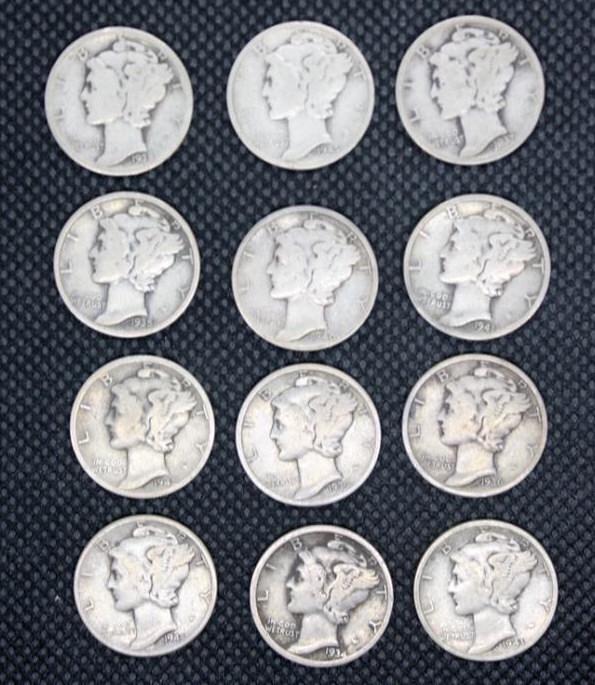 Twelve Mercury Dimes 1934-1945 (1 of 2)
