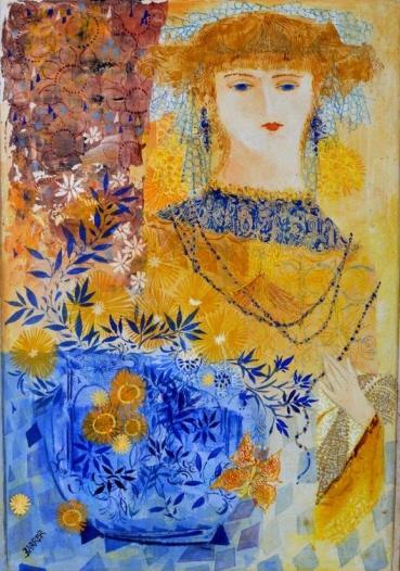 Gertrude Barrer (American, 1921-1992): Contemplation Oil on board Signed lower left Image: 16 x 11.5 in.; Frame: 25 x 20 in. Gilt wood frame NOTE: Significant staining to matte, image is intact with no apparent flaws