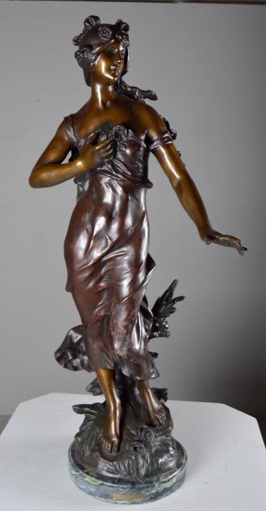 After Auguste Moreau (French, 1834-1917): Woman In Wind Bronze with title plate on marble base. Signed near feet . 35" x 10" Condition: Good