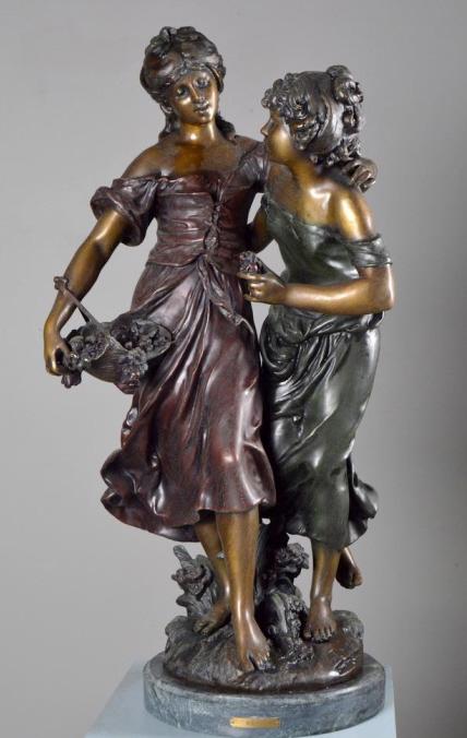 After Auguste Moreau (French, 1855-1919): Two Young Girls Bronze on marble pedestal Inscribed in cast on work 29 x 14 x 10 in.Weight: Approx. 70 lbs. NOTE: Condition consistent with age and use. Stamped Fabrication Francaise Paris Made in Fra
