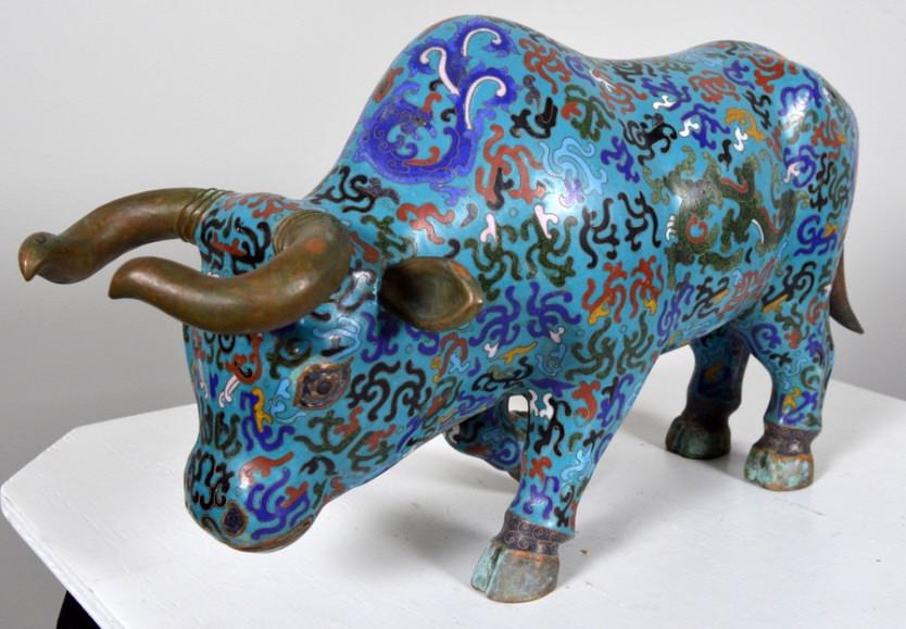 Cloisonne Bull: With head down 11 x 22 x 6 in.