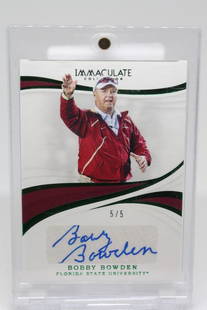 2019 Immaculate Collegiate, Bobby Bowden #82, 5/5, (PA): 2019 Panini Immaculate Collection Collegiate, Bobby Bowden, Card #82, 5/5; Patch Autograph